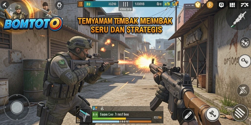 Screenshot gameplay BOMTOTO yang menunjukkan aksi tembak menembak yang mendebarkan.