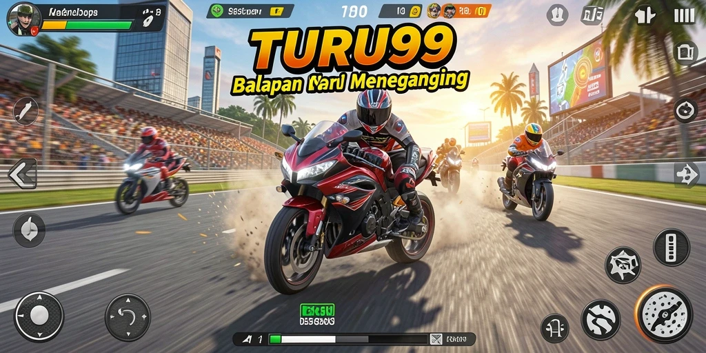 Tangkapan layar utama TURU99 menampilkan balapan motor yang penuh aksi.